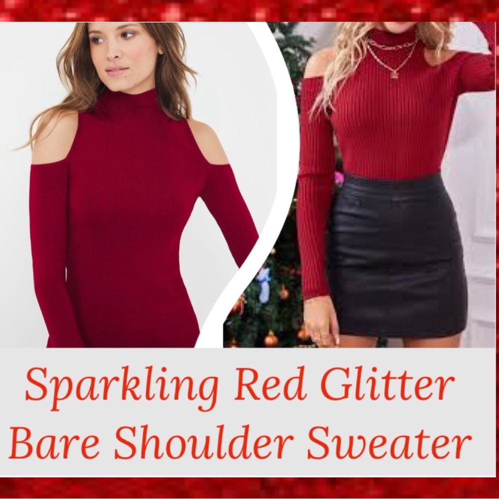 Dressy Sparkle Glitter Red Sweater Ribbed Cold Shoulder Mock Neck Open Shoulder